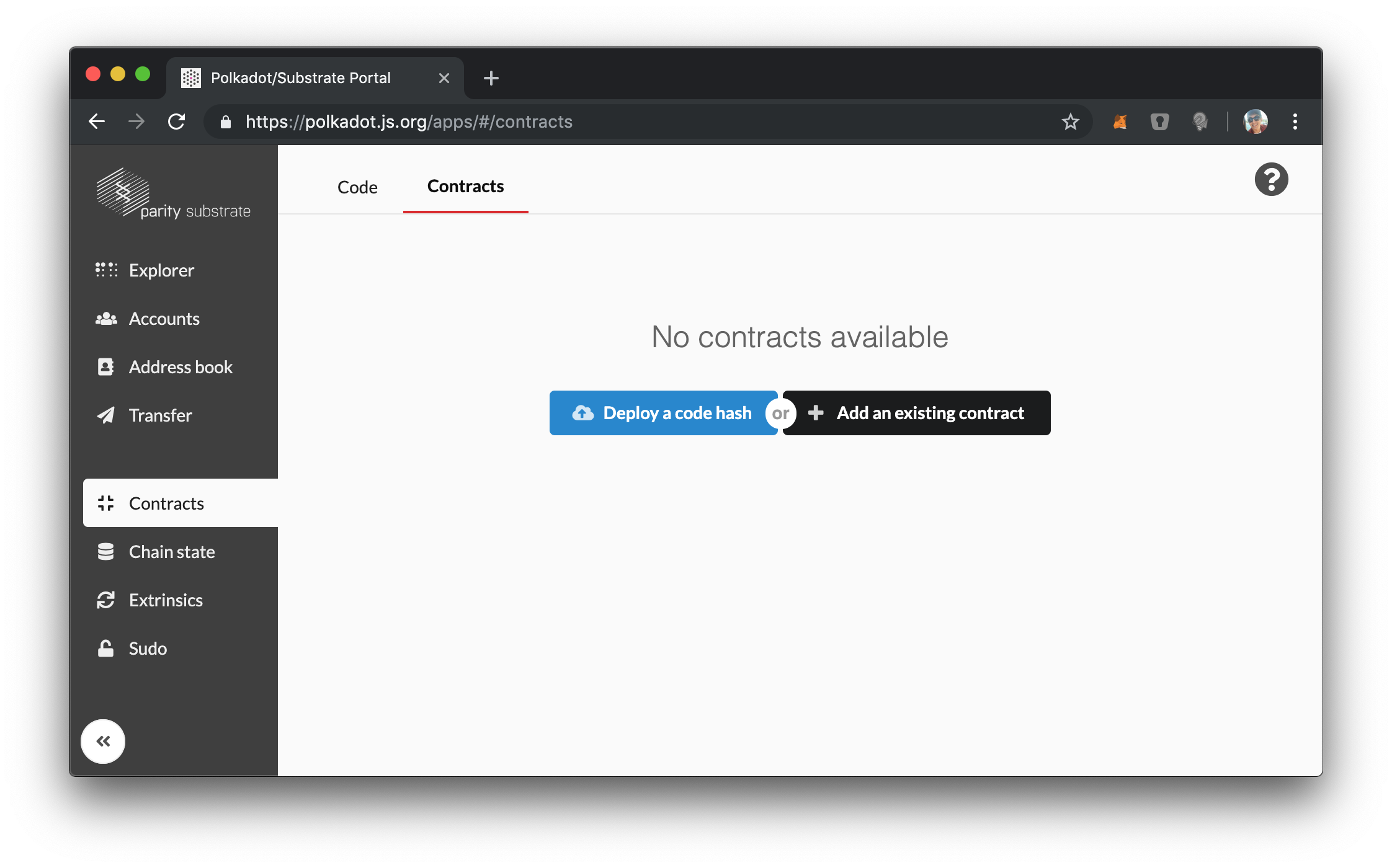 Screenshot of the Polkadot UI with Contract Tab